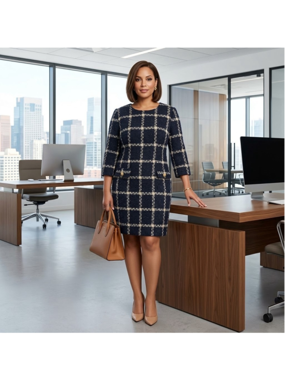 Alexia Admor Dianys Plaid Shift Mini Dress Navy Gold Tweed Size 12 Career NWT